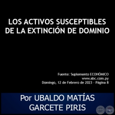 LOS ACTIVOS SUSCEPTIBLES DE LA EXTINCIN DE DOMINIO - Por UBALDO MATAS GARCETE PIRIS - Domingo, 12 de Febrero de 2023